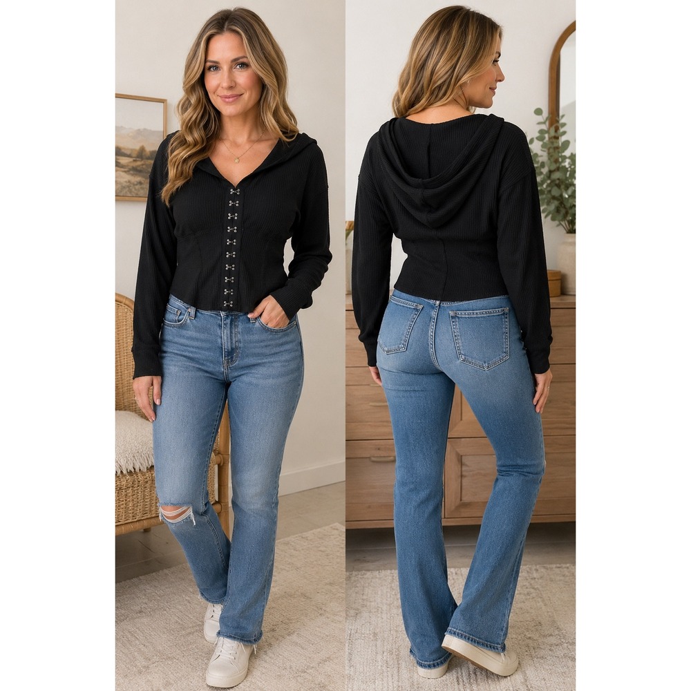 We The Free Free People Black Waffle Knit Hook & Eye Cropped Hooded Top Small
